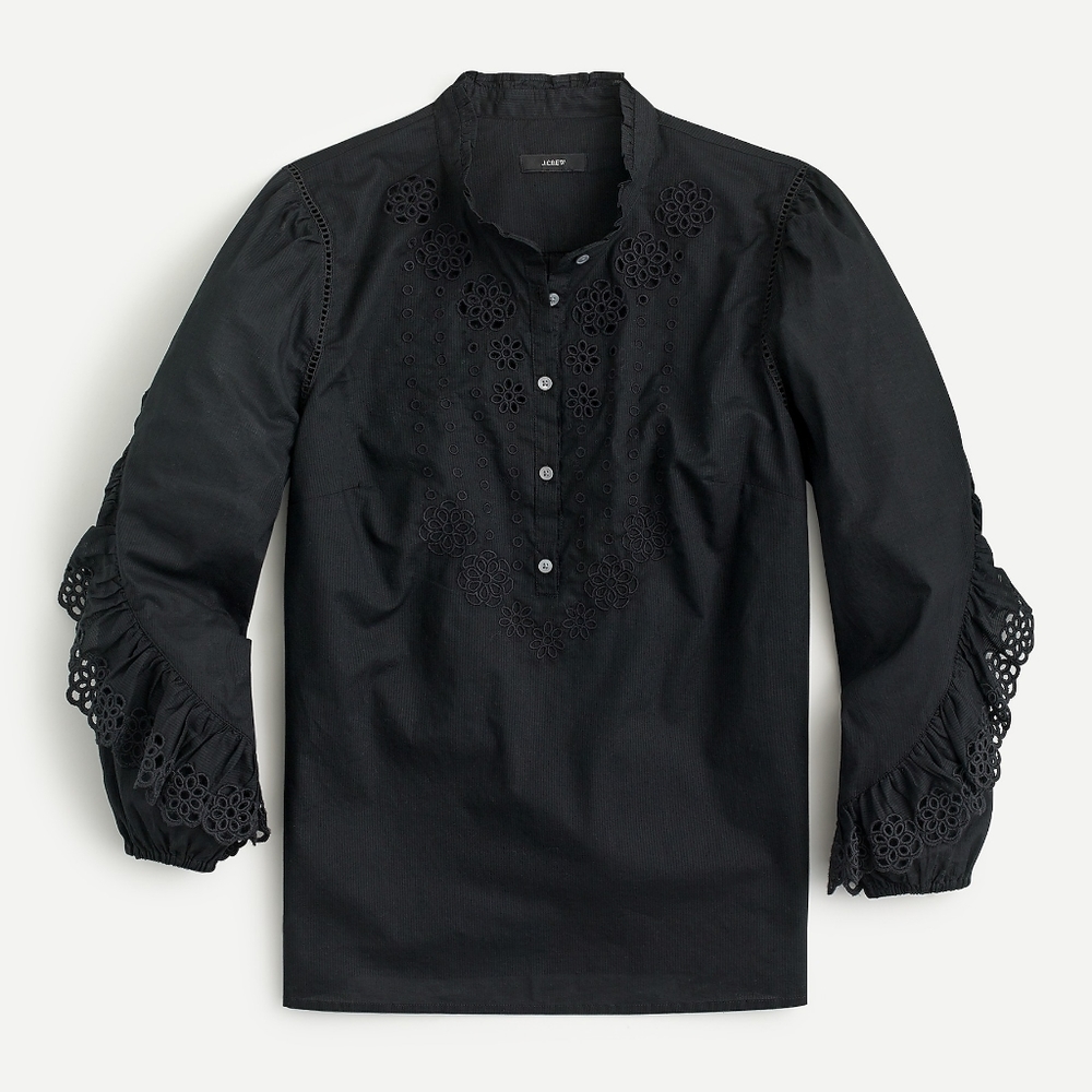 New! J Crew Sz M Ruffle-sleeve Top Embroidered Eyelet Black NWT - Picture 6 of 7